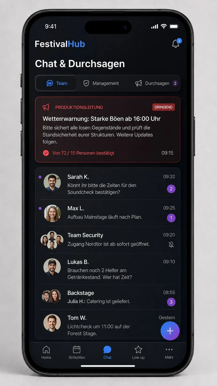 Festivalhub Chatbereich mit Team- und Managementkommunikation sowie priorisierten Durchsagen.