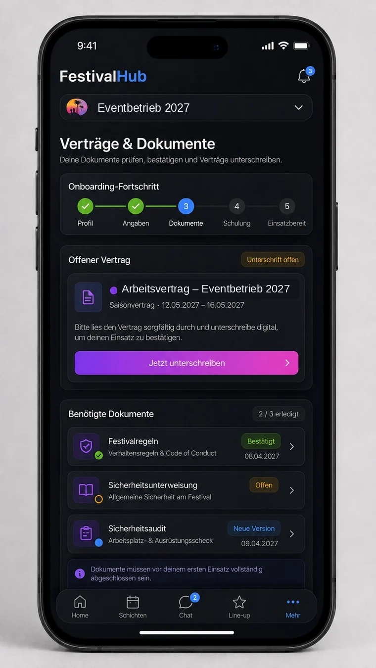 Festivalhub Dokumentenbereich mit Onboarding-Fortschritt, offenen Vertr&auml;gen und Unterweisungen.