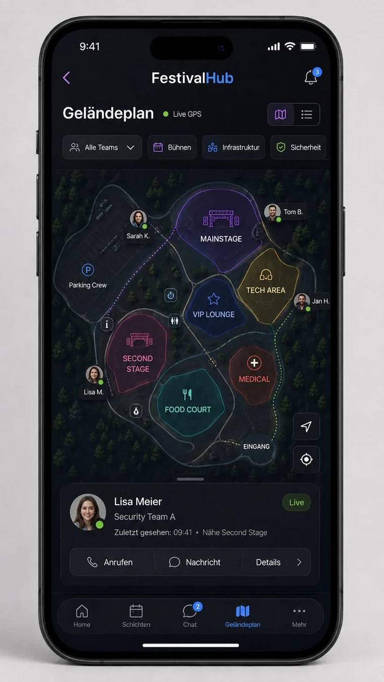 Festivalhub Gel&auml;ndeplan mit Live-GPS, Zonen, Mitarbeitendenpositionen und SOS-Kontext.